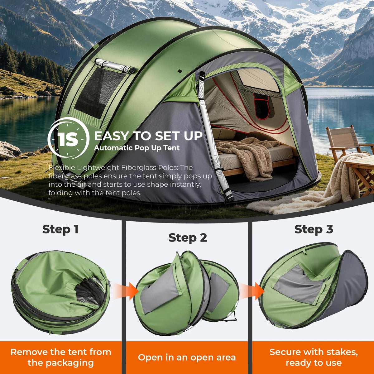 Instant Pop Up Waterproof Camping Tent With Front Awning
