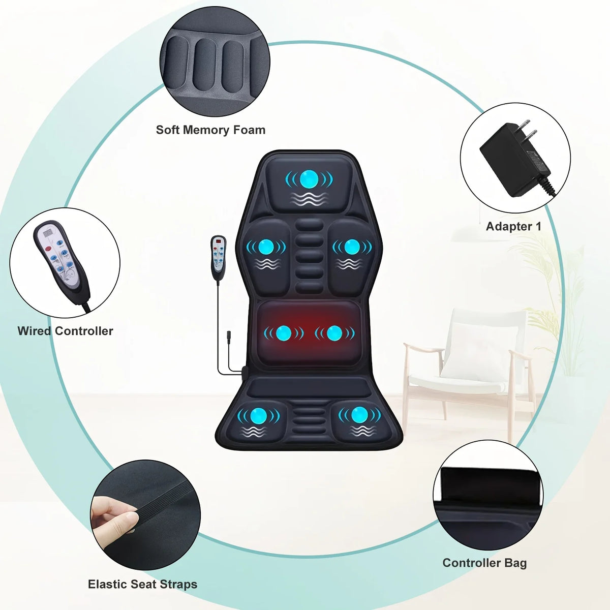 Himouta Heated Back Massager Chair Cushion For Lumbar Neck Relief