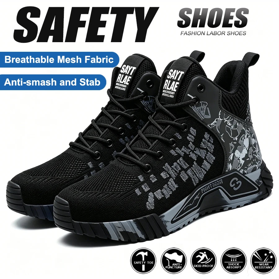 Men Breathable Steel Toe Lace Up Safety Construction Boots