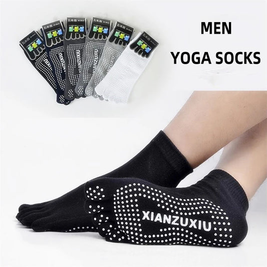 Five Toe Silicone Non-Slip Yoga Socks Cotton Athletic Mid Crew