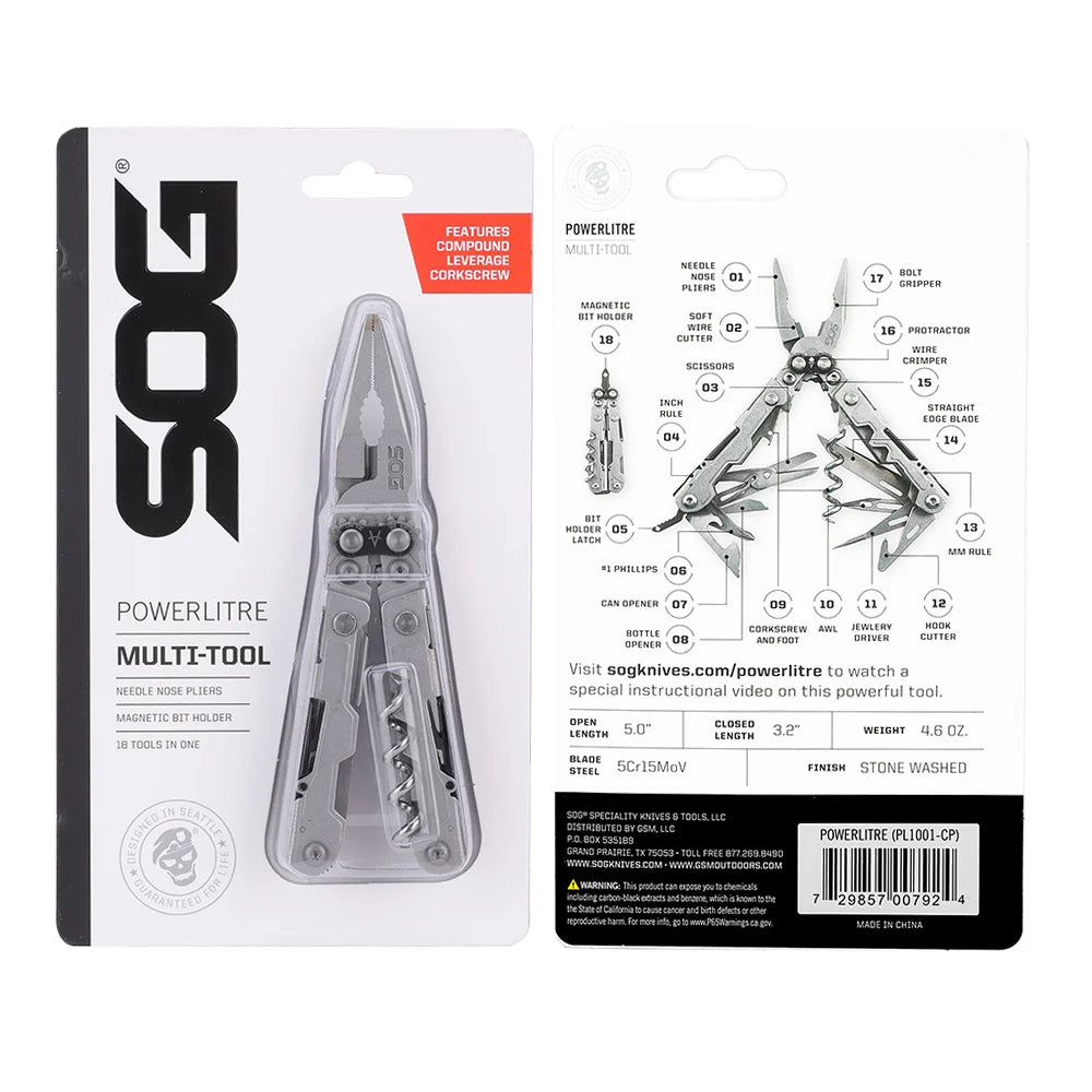 SOG PowerLitre 19 Function Stainless Steel Pocket Multitool With Corkscrew