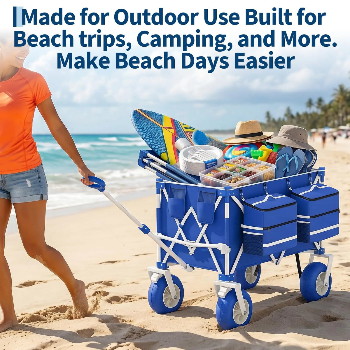 Hismiss Folding Beach Utility Wagon With All Terrain Wheels