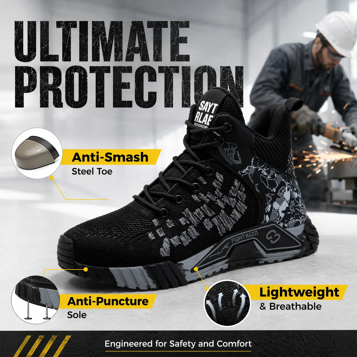 Men Breathable Steel Toe Lace Up Safety Construction Boots